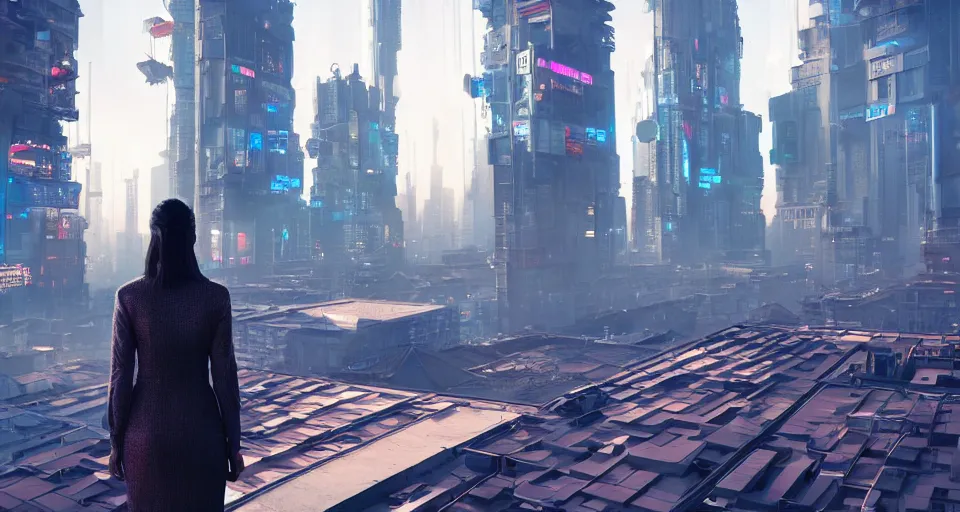 Image similar to woman standing on a rooftop in a cyberpunk city, intricate artwork by tooth wu and wlop and beeple, octane render, hyper realism, 8 k
