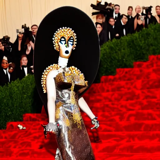 Prompt: A anthro metal fork at the Met Gala, female with a fork for a head