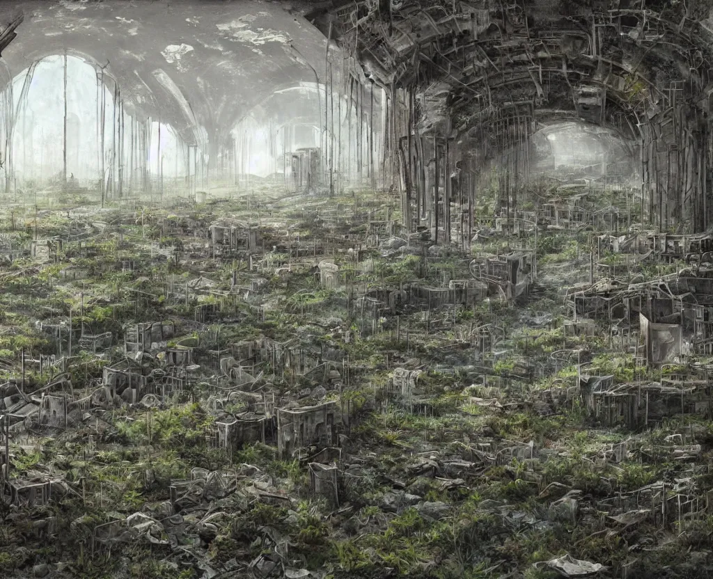 Image similar to a Dystopian painting of the abandoned and overgrown tunnels of an post-apocalyptic arcology