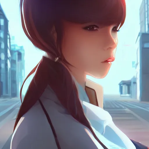 Image similar to a beautiful woman with a hime haircut, dark brown hair and tan skin, dark brown eyes, city landscape, 4k, anime key visual, lois van baarle, ilya kuvshinov, rossdraws, artstation