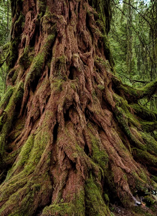 Prompt: photograph of hyperrealistic hyperdetailed ancient tree morphing into a beautiful kind face covered with bark and moss, in a dark mysterious forest at sunset
