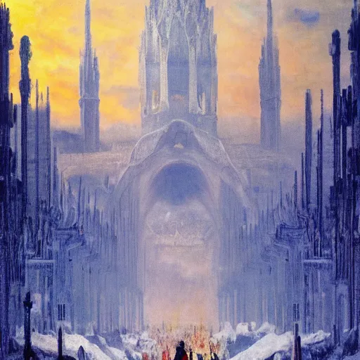 Prompt: donna snow legged cathedrals, by eugene delacroix and claude monet, ora movie poster, quantum wavetracing eternal sunshine of a spotless mind, 8 k resolution matte painting by p