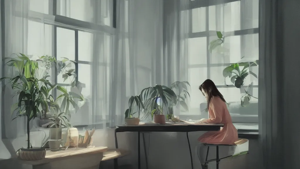 Prompt: peaceful dreamy painting of a beautiful young woman sitting at a desk, black cat on the desk, sunshine coming through the window, small plants on the window sill, 8k, hyper realism, trending on artstation, octane render, dynamic lighting