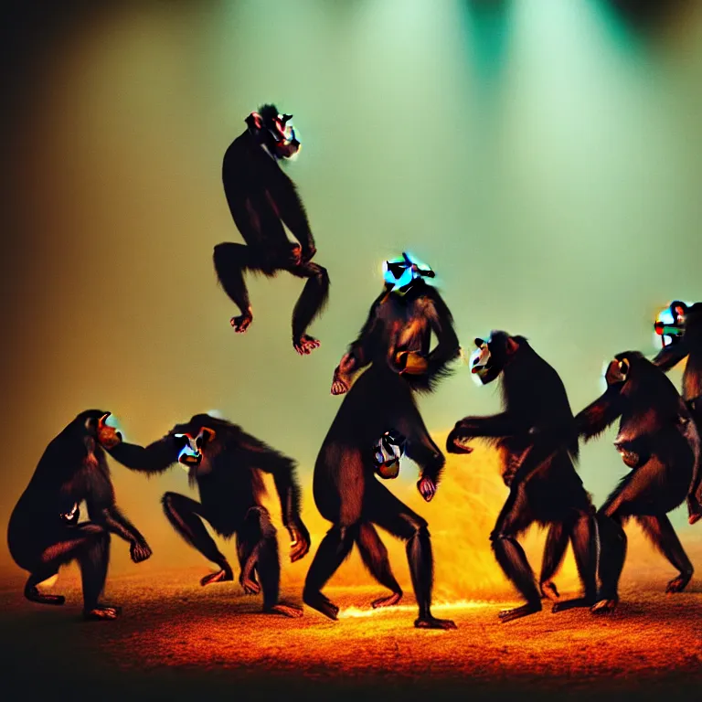 Image similar to real life 1 2 chimpanzees dancing in circle, bonfire in center, a jungle, cinematic, volumetric lighting, vivid colours, long evil shadows, f 8 aperture, cinematic eastman 5 3 8 4 film, photorealistic