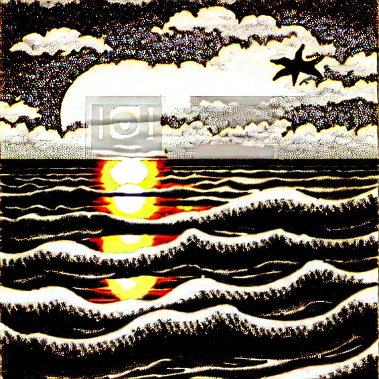 Image similar to corn floating in ocean, waves, sunrise, vintage country style, monochromatic, engraving, detailed