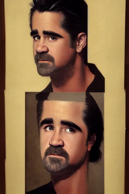 Image similar to portrait of colin farrell, digital painting by maxfield parrish and caravaggio, photorealistic