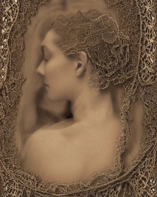 Prompt: a woman's face in profile, made of intricate decorative lace leaves, in the style of the dutch masters and gregory crewdson, dark and moody
