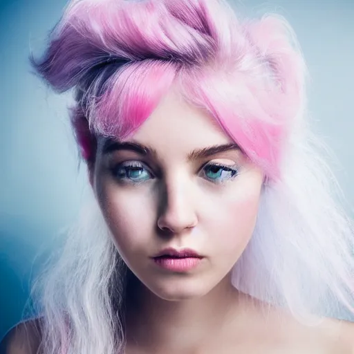 Image similar to a melanchonic photo of a beautiful young woman with cotton candy hair. with a little bit of gold and white