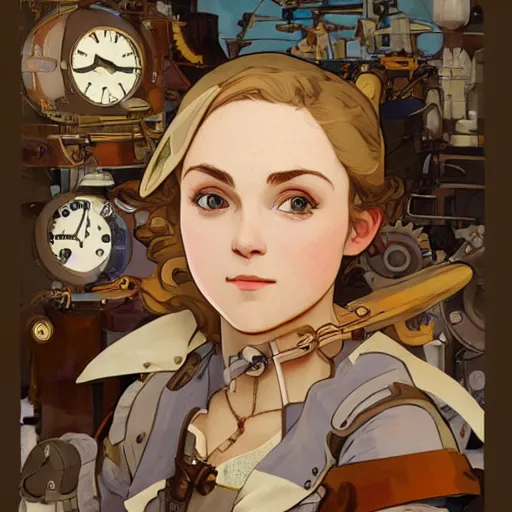Image similar to Portrait of annasophia robb as an airship mechanic at her workbench, steampunk, defined facial features, highly detailed, crammed with details, artstation, official artbook, official Kyoto Animation and Studio Ghibli anime screenshot, by Ilya Kuvshinov and Alphonse Mucha
