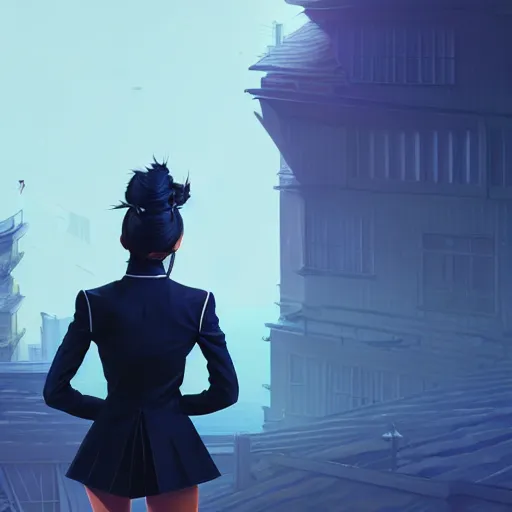 Image similar to low - angle shot from behind of a long blue ponytail girl in a tailcoat overlooking noxus, noir, screenshot, sharp focus, intricate, illustration, cell shaded, digital painting, highly detailed, art by ilya kuvshinov, wlop, greg rutkowski, studio quality, james jean