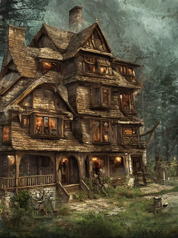 Prompt: old house in the woods, highly detailed, digital art, sharp focus, raytracing, trending on art station, warhammer fantasy setting,