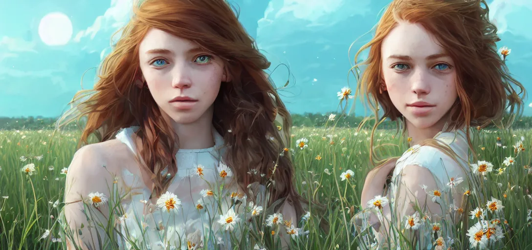 Image similar to a beautiful southern woman named Savannah, innocent, sad turquoise eyes, freckles, long ginger hair tied with white ribbon, relaxed in a field of flowers on a farm, gentle lighting, storm in the distance, somber, western clothing, dress, digital art by Makoto Shinkai ilya kuvshinov and Wojtek Fus, digital art, concept art,