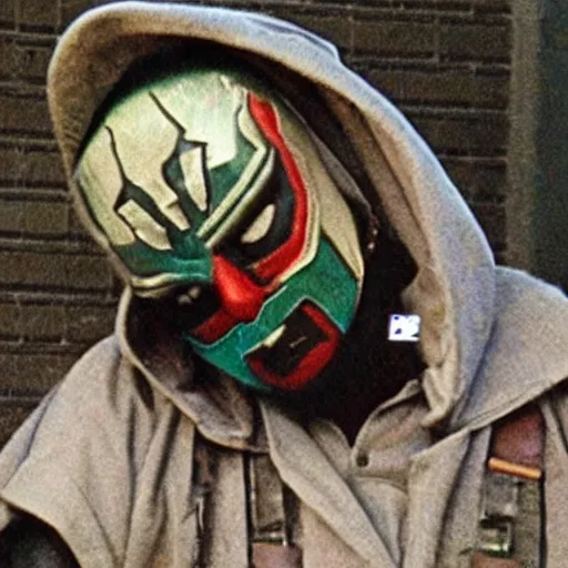 Image similar to rapper MF DOOM seen crawling out of his grave sporting his iconic mask