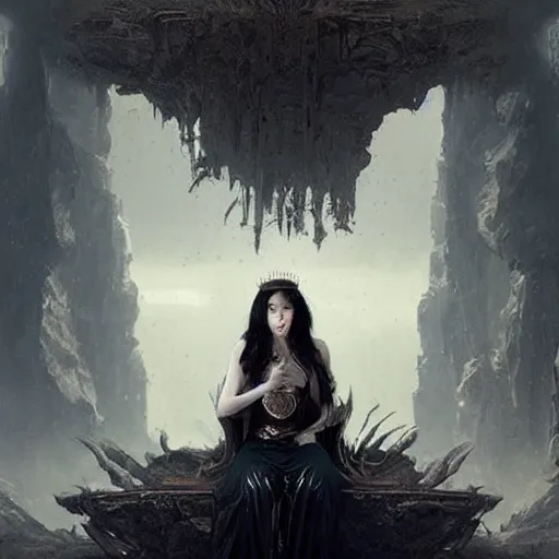 Image similar to of a beautiful black haired woman with pale skin and a crown on her head sitted on an intricate metal throne in eerie atmospheric alien worlds, epic cinematic matte painting, art by greg rutkowski