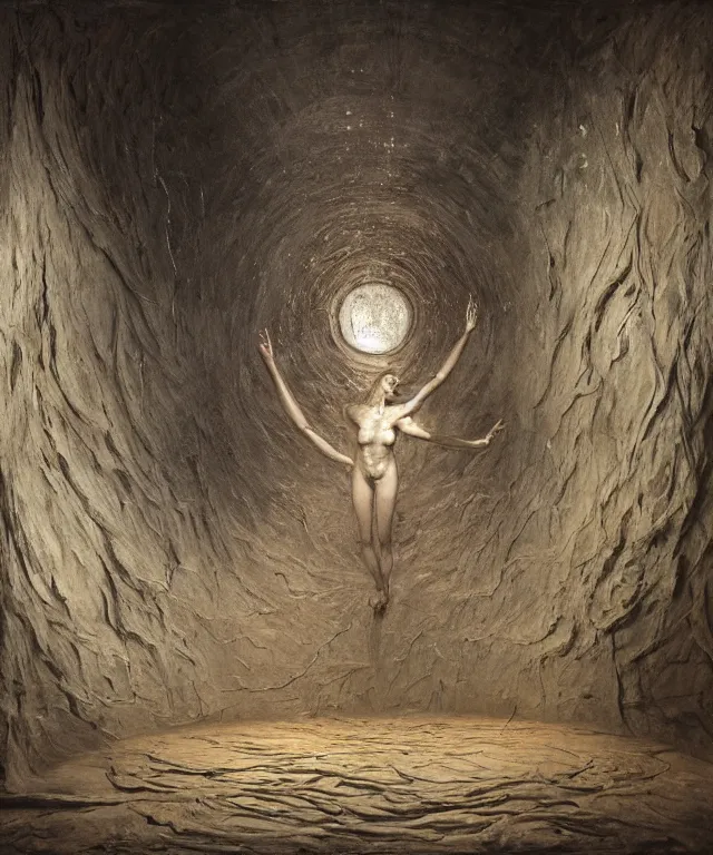 Image similar to The mirror room without doors and windows with beautiful full-body wax sculpture of a glowing transparent woman with visible golden bones inside it in the singularity where stars becoming baroque folds of dark matter by Michelangelo da Caravaggio, Nicola Samori, William Blake, Alex Grey and Beksinski, dramatic volumetric lighting, highly detailed oil painting, 8k, masterpiece