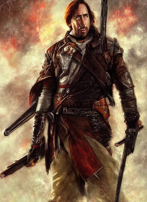 Prompt: nicholas cage as a ranger painted by raymond swanland