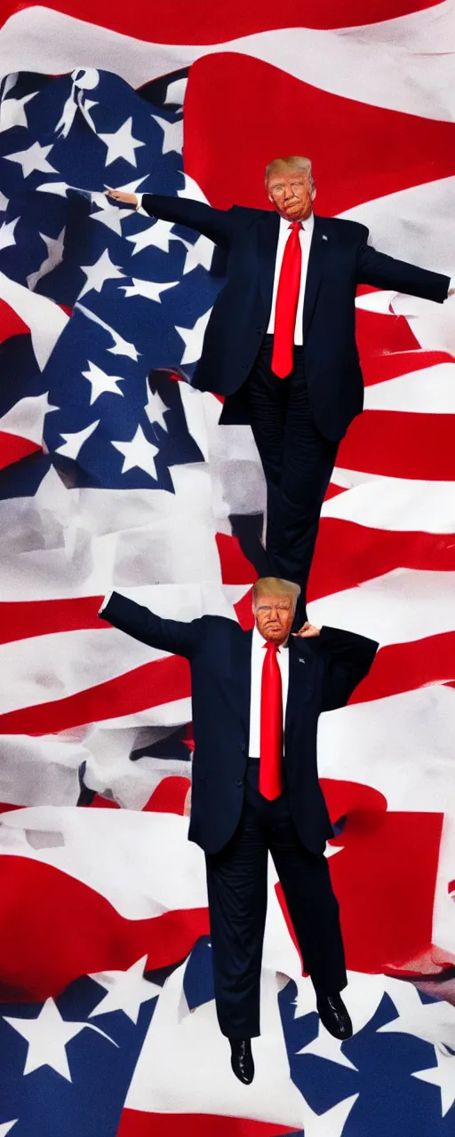 Image similar to graphic art of donald trump as a professional dancer in front of an american flag which covers the entire background