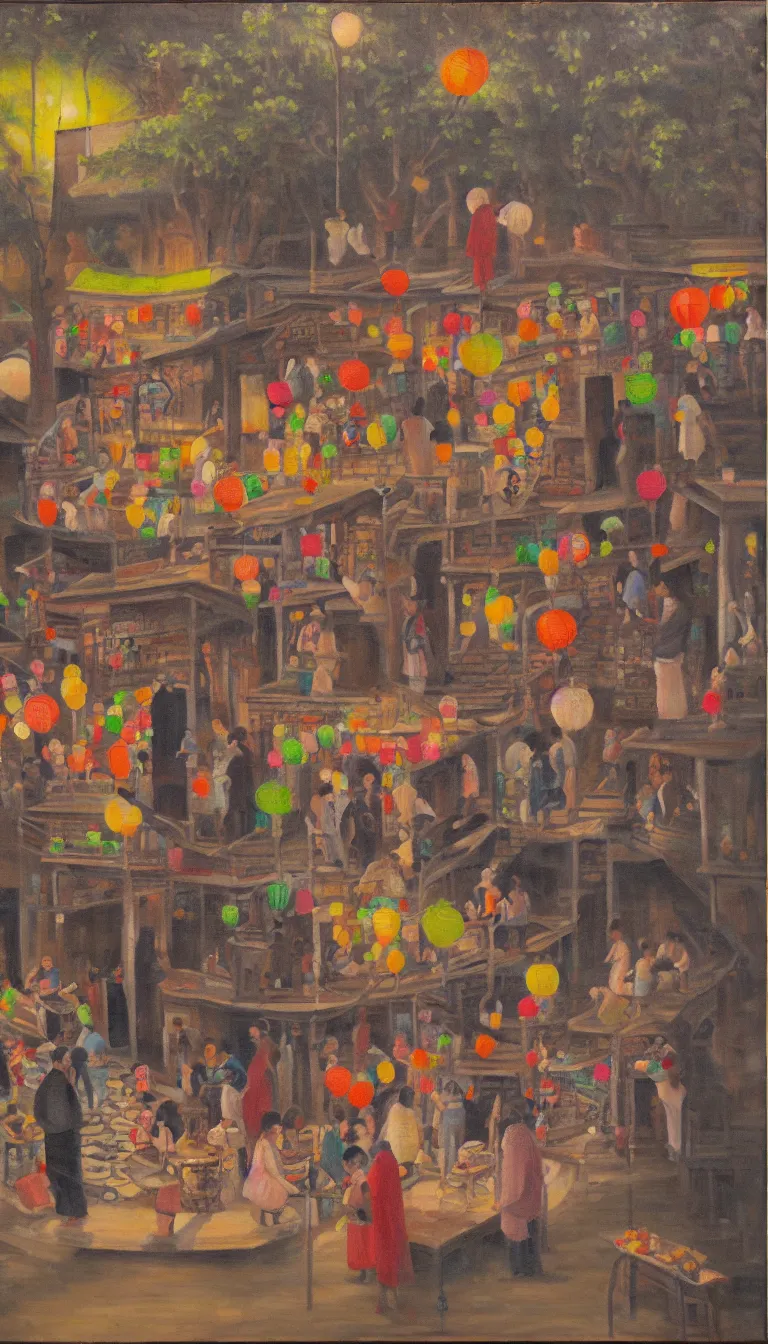 Image similar to pagoda, people drinking tea and paper lanterns, oil on canvas