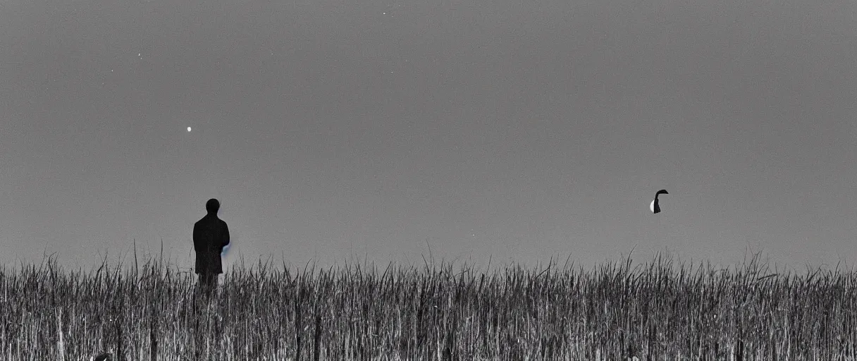 Prompt: revealed, underlined in a sudden gust of wind the profile of a man raises under the moon uncovered and tiny, overlooking the fen water meadowlands and small shot for the ducks he walks in the mud, moves aside the reeds no clapping of wings, no motions around just the singing wind in an ominous silence