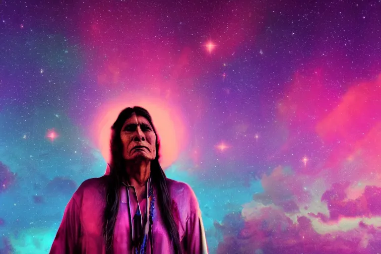 Image similar to photograph of a spiritual native american man looking up at the stars, art, universe, blender, pastel colors, synthwave, retro, cyberpunk,