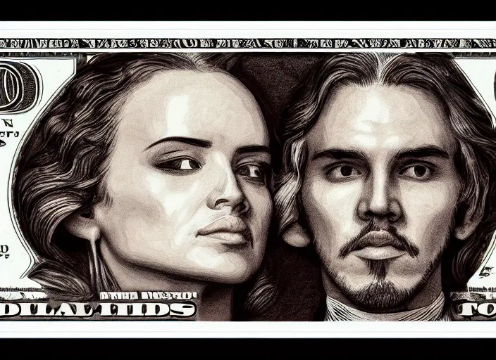 Image similar to reylo kissing dollar bill design