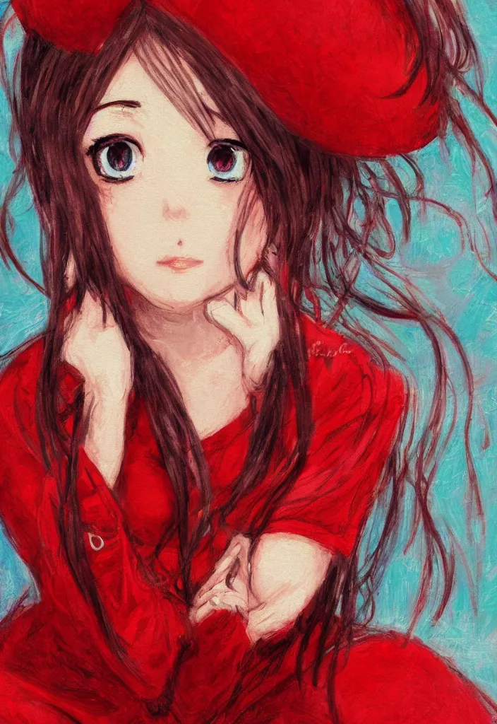 Image similar to close shot portrait of a teenage girl, a cute red outfit, tokyo anime scene, very anime in impressionist style, anime trending artwork, anime painter studio, by claude monet