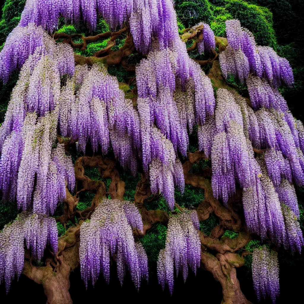 Image similar to full shot of wisteria tree on a black background. backlit. muted colors. fantasy magic style. highly detailed 8 k. intricate. lifelike. epic. movie poster. soft light. sony a 7 r iv 5 5 mm. cinematic post - processing