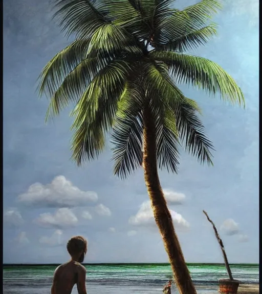 Image similar to coconut tree with human head. realism art, high detailed, fine art, trending on artstation, smooth draw, perfect lighting, sharp focus.