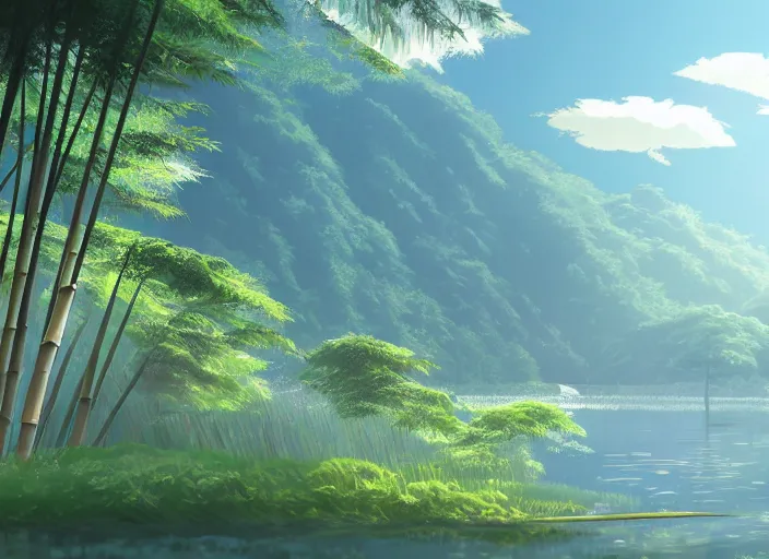 Image similar to misty japanese bamboo forest, lake foreground, large distant mountain with waterfall, sunny, cartoony, stylized anime, sun rays, soft, moody lighting, by hayao miyazaki, ghibli studio, makoto shinkai, toei animation, studio trigger, trending on artstation, 4 k, hd