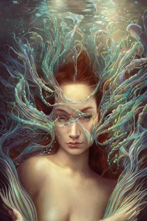 Prompt: underwater portrait of a goddess mermaid with (reaction diffusion) scaled fish skin. closeup, long dark hair, high detail, by Peter mohrbacher