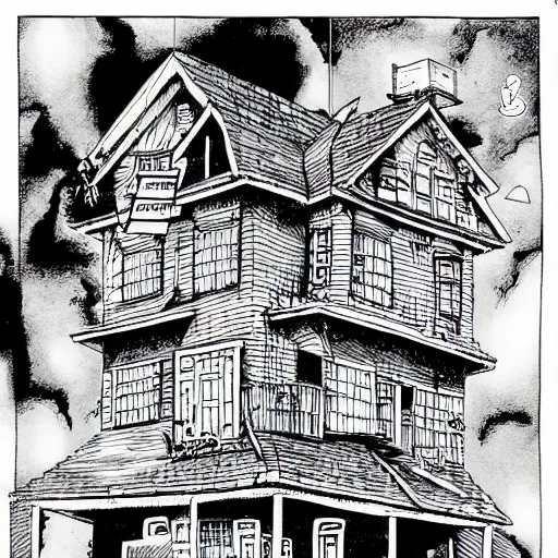 Image similar to a haunted house, by junji ito