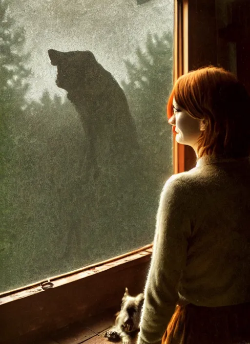 Image similar to portrait bust of emma stone petting a dog, solemn expression, faded color film, russian cinema, tarkovsky, kodachrome, old cabin, next to window, heavy forest outside, long brown hair, old clothing, heavy fog, hudson river school, 4 k, dramatic lighting, greg rutkowski