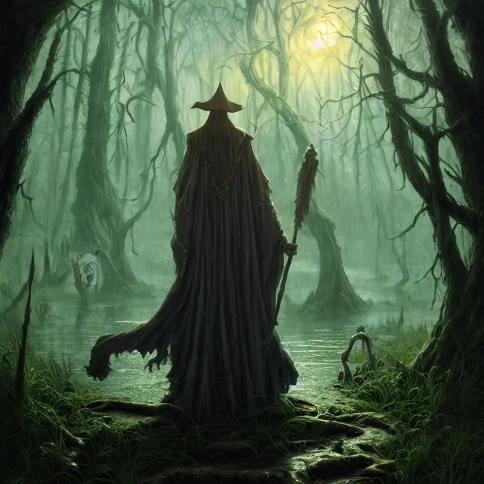 Image similar to mystical wizard in haunted swamp, highly detailed, d & d, fantasy, highly detailed, digital painting, trending on artstation, concept art, sharp focus, illustration, global illumination, ray tracing, realistic shaded, art by artgerm and greg rutkowski and fuji choko and viktoria gavrilenko and hoang lap