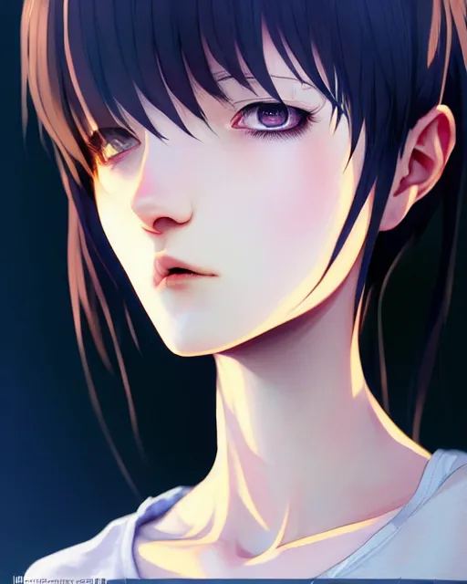 Image similar to full very close up neck shot of a beautiful loner girl, in tshirt with her hair covering eyes, demented, irish, by saruei and guweiz and ilya kuvshinov and range murata, digital art, highly detailed, intricate, sharp focus, trending on artstation hq, deviantart, pinterest, unreal engine 5, 4 k uhd image