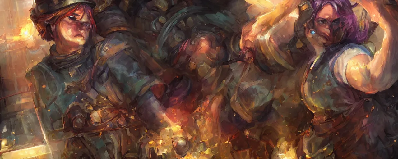 Image similar to blacksmith hard at work, fantasy splash art, promotional art, detail face, grimace, style Charlie Bowater, dutch angle, colorful and expressive