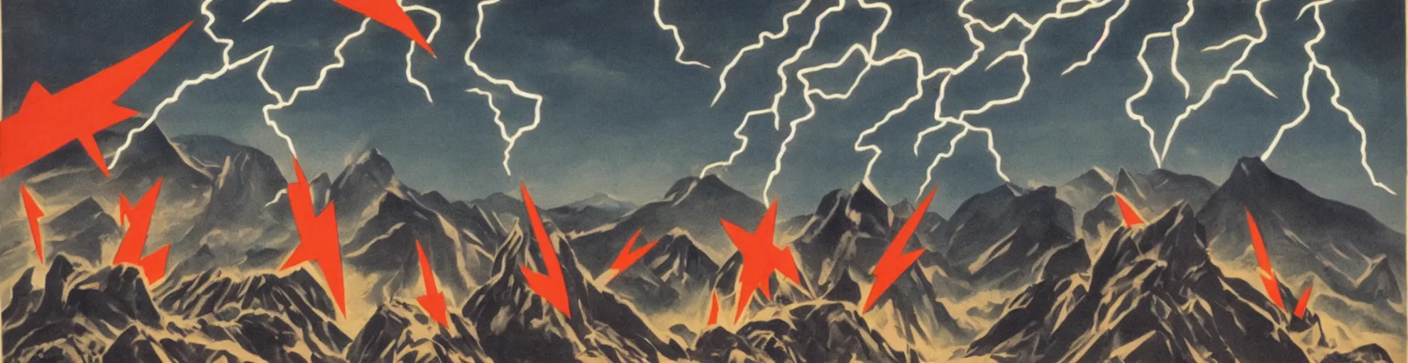 Prompt: balck montain with one lightning bolts in 1940s propaganda poster