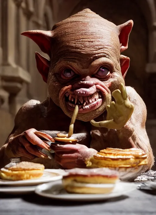 Image similar to closeup portrait of a medieval goblin eating cakes in the cloisters, depth of field, zeiss lens, detailed, symmetrical, centered, fashion photoshoot, by annie leibovitz and steve mccurry, david lazar, jimmy nelsson, breathtaking, 8 k resolution, extremely detailed, beautiful, establishing shot, artistic, hyperrealistic, beautiful face, octane render