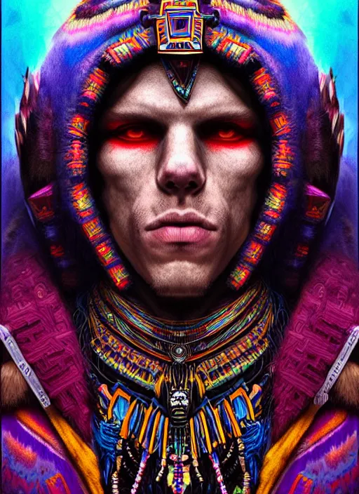 Image similar to portrait of jesse eisenberg, hyper detailed ultra sharp aztec shaman warrior. trending on artstation, warpaint aesthetic, bloodwave, colorful, psychedelic, ornate, intricate, digital painting, concept art, smooth, sharp focus, illustration, art by artgerm and greg rutkowski and h. r. giger, 8 k