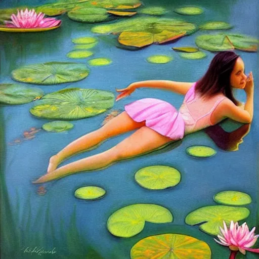 Image similar to girl floating in water, with waterlily flower, bright colours, painting, detailed, magical environment, peaceful, beautiful, artwork
