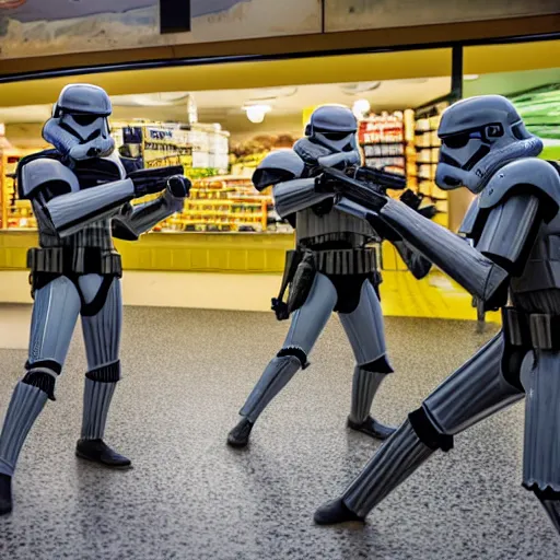 Image similar to Star wars troopers fighting with bananas in a supermarkets fish area, the star wars troopers try shooting and hitting other troopers with bananas, high perspective inside the store, 40nm lens, shallow depth of field, split lighting, 4k,