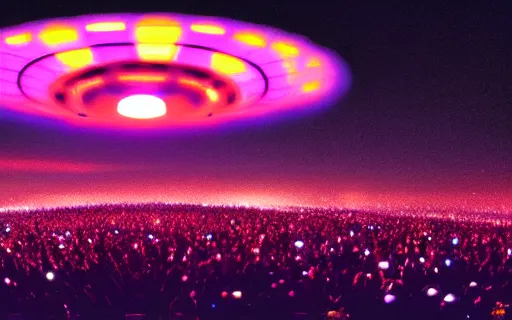 Prompt: photograph of huge mothership UFO flying saucer hovering over a dancing crowd, crowd arms raised, spotlights shining down, atmospheric, hyper realistic, 8k, epic composition, cinematic, photography by Carr Clifton & Galen Rowell, DeviantArt, Flickr