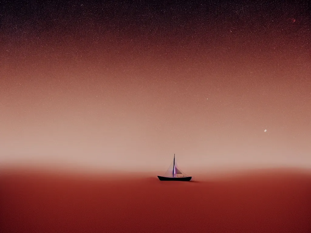 Image similar to cinematic, film grain, photography, epic composition, realistic, 3 5 mm, a small sailboat sailing in the a sandstorm, in the sahara desert, midnight, starry sky, shooting stars, octane rendering, 8 k, epic lighting