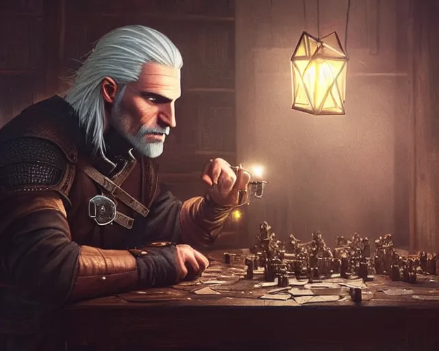 Image similar to 5 5 mm portrait photo of geralt trying to solve a rubix cube. magical atmosphere. art by greg rutkowski. highly detailed 8 k. intricate. lifelike. soft light. nikon d 8 5 0.