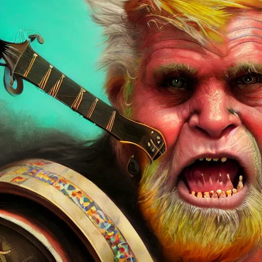 Image similar to detailed photo of a Half-orc bard portrayed by Gary Busey playing a lute, 8k,by Tristan Eaton, Stanley Artgermm, Tom Bagshaw, Greg Rutkowski, Carne Griffiths, trending on DeviantArt, face enhance, hyper detailed ,full of color, dramatic lightning, epic stance