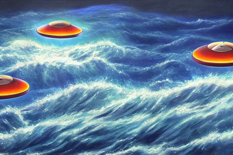 Image similar to two flying saucers battling over the ocean. high detailed oil painting. dramatic.