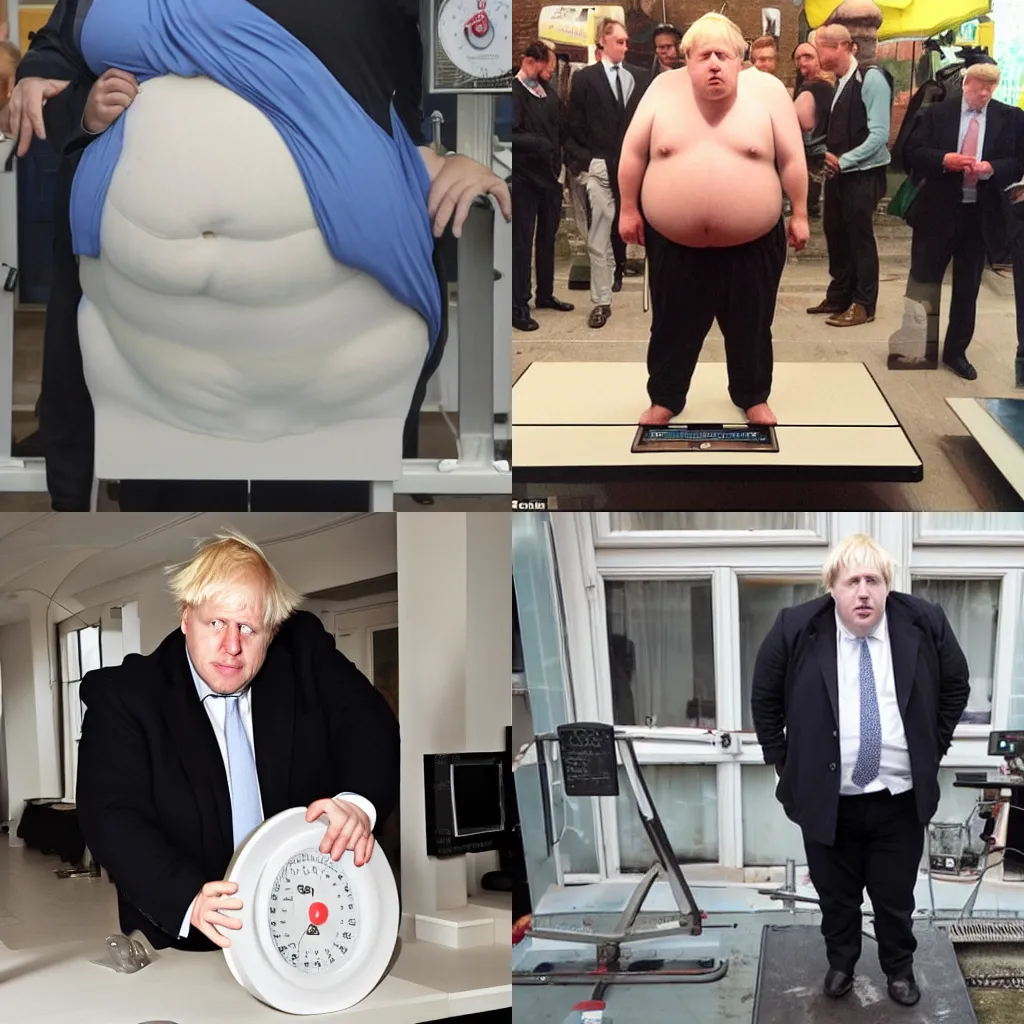 Prompt: morbidly obese boris johnson standing on a weighing scale, extremely fat