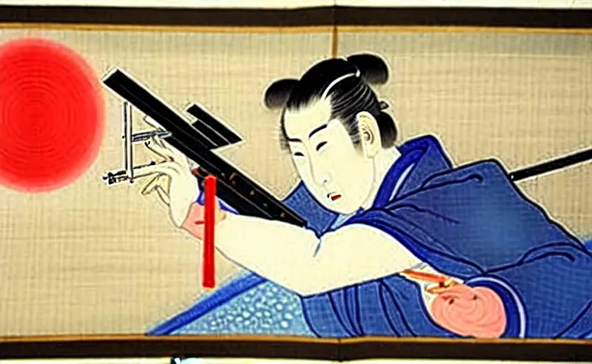 Prompt: a Japanese painting of the emperor of Japan shooting a laser gun