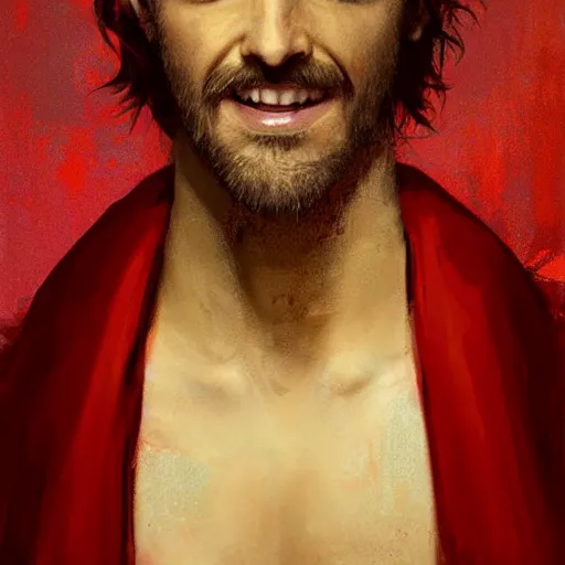 Prompt: portrait of a tall and handsome man is smiling, his face is like pure jade, his chest is bare, and he wears a red robe and his hair is disheveled, digital art painting by greg rutkowski, very attractive