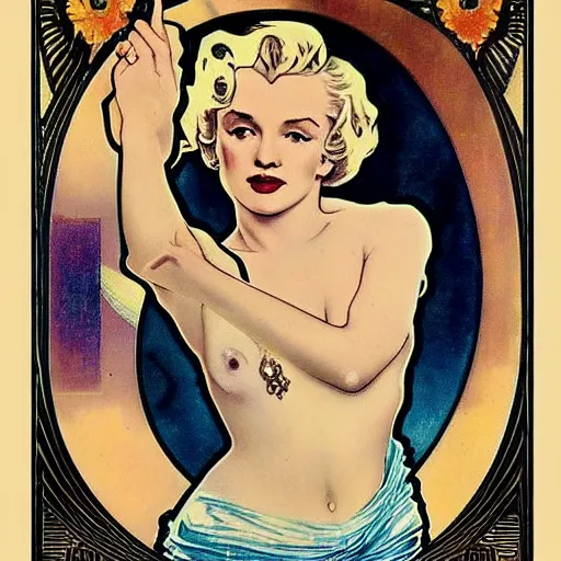 Image similar to marilyn monroe portrait by louis - theophile hingre and alphonse mucha, realistic, sharp focus, zodiac signs, tarot cards, planets, ethereal, art nouveau, magic, moon, sun, smart, wisdom, royal, jewellery