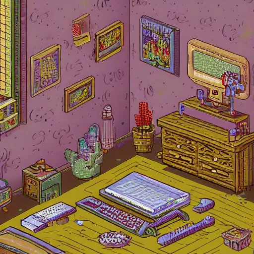 Image similar to view from corner looking into a 9 0 s bedroom, beautiful detailed pixel art, intricate details, beautiful, dithered gradients, volumetric lighting, 3 d illustration, old school computer game graphics, crpg, d & d, pixel art